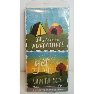4 Assorted Stone Coasters Camping, Outdoors Adventure, Hiking- New!!